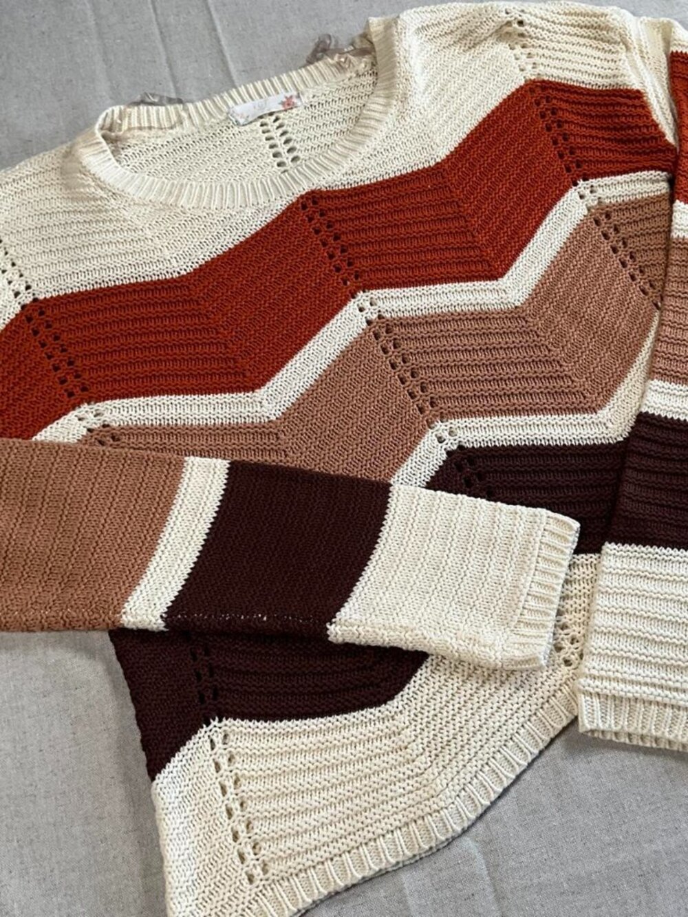 Womens FCT Strap Striped Knit Sweater 100% Acrylic Earth Tones (Small)